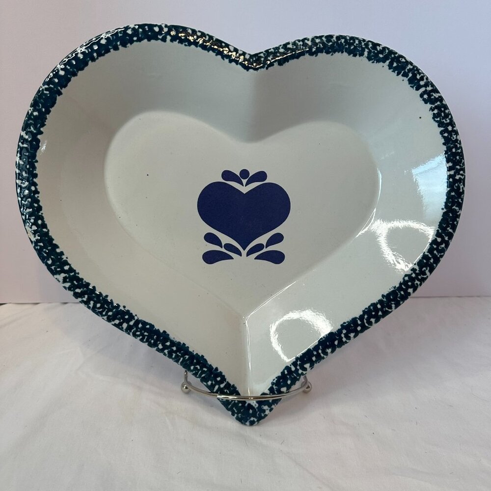 Stoneware Heart shaped Pie/Cake Baking Dish; Blue & White Glazed Ceramic Vintage